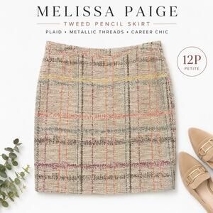 Melissa Paige Tweed Plaid Pencil Skirt 12P Boucle Career Office Neutral